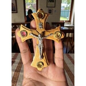 Olive Wood Cross with Crucifix with sacred elements made in Jerusalem 4”x3”